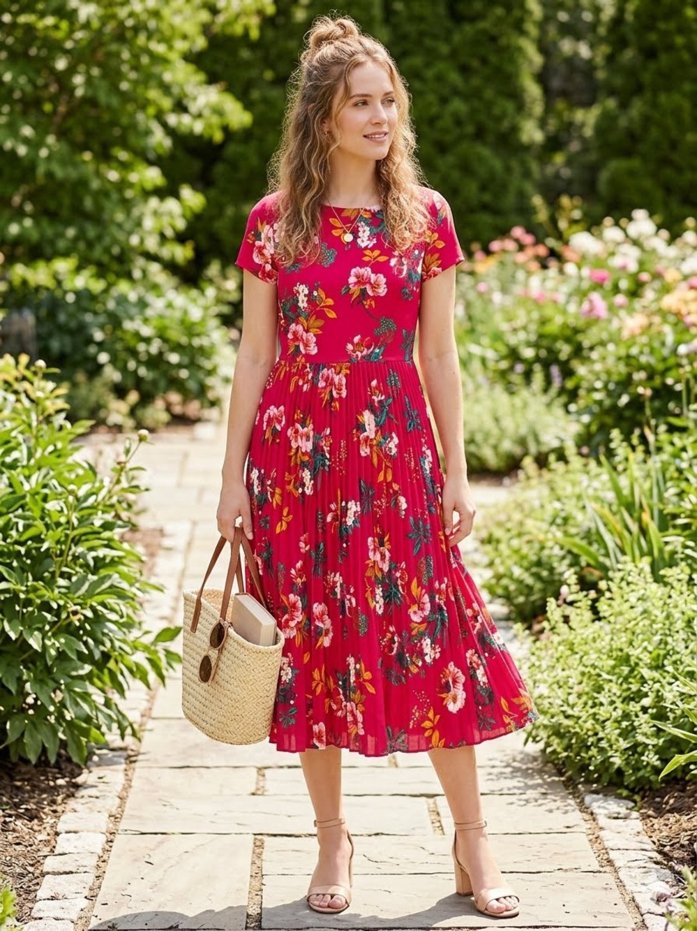LOFT Fuchsia Pink Floral Pleated Midi Dress